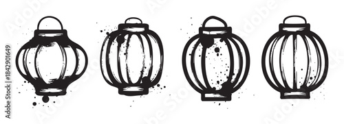 Four traditional Asian style lanterns depicted in a unique hand-drawn ink splatter art style, perfect for cultural celebrations and decorative design.
