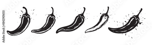 Five black chili peppers with a hand-drawn grunge style and ink splash effect, arranged horizontally as a spicy food illustration.