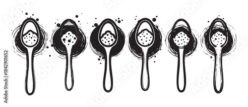 Six spoons with powder in a row, illustrated in a rustic, hand-drawn, black and white style with ink splatters and grunge textures.