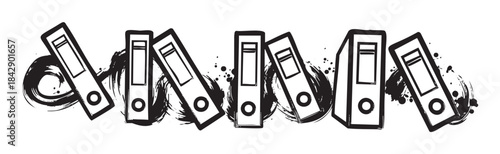 Ring binders in a dynamic grunge style illustration featuring black ink splatters and artistic brushstrokes creating a chaotic yet organized visual.
