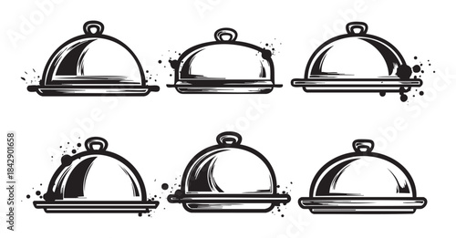 Food cloches and serving domes collection in a graphic style with ink splatters, perfect for restaurant and catering design elements.