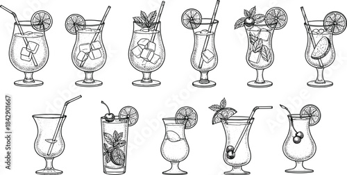 Cocktail glass vector illustration featuring diverse drinks, garnishes, ice, fruit, mint, straws, and artistic beverage presentation.