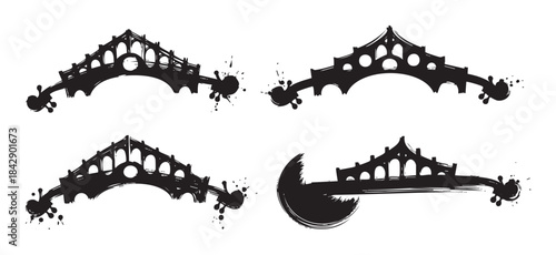 Stylized bridge and violin scroll designs merge with expressive ink splatters, creating a unique set of artistic grunge illustrations.