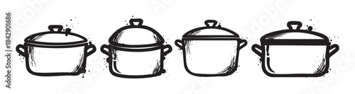 Four hand-drawn cooking pots with lids featuring a rustic, artistic ink splatter style, perfect for culinary and kitchen-related design projects.