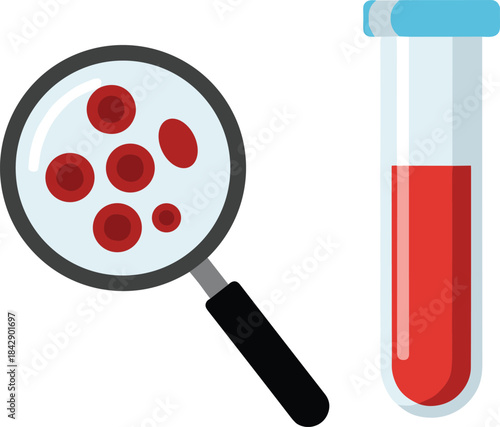 Blood sample analysis illustration with magnifying glass showing red blood cells, medical laboratory test concept for diagnostics, healthcare research and clinical study