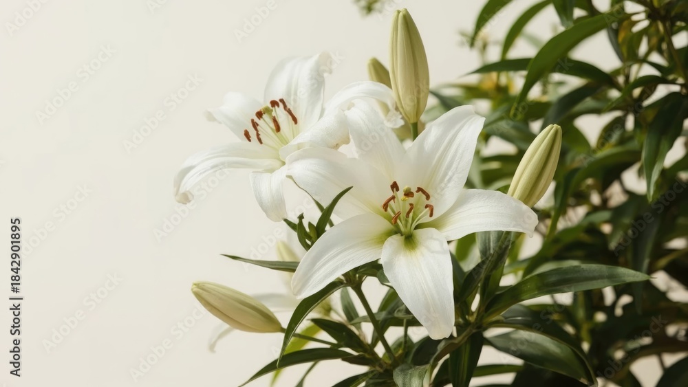 Fototapeta premium White lilies bouquet with buds and greenery. Floral arrangement and nature photography. Decorative flowers for interior or outdoor decor.