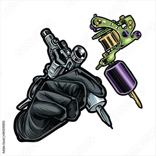 A close-up illustration of a gloved hand holding a tattoo machine, with another tattoo machine in the background