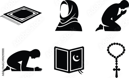 Muslim pray icon set with islamic prayer mat, quran, rosary, and worshipping individuals
