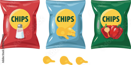 Chips packaging illustration with salt, cheese and pepper flavors, snack bag design for branding, food product marketing and colorful crispy potato chips