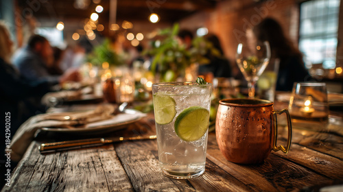 a low angle view at a rustic wood food hall restaurant table, focus on the drinks at the table glass of soda with lime, a copper mug, wine glass , people at table before dinner, plates, silverware