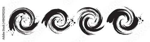 Brushstroke spiral shapes form a dynamic and expressive abstract pattern, featuring textured ink splatters and a bold artistic aesthetic.