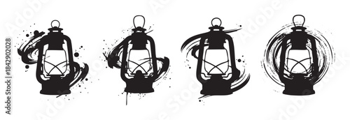 Four vintage lanterns with artistic brush stroke and splatter effects creating a unique grunge style illustration perfect for various design projects and themes.