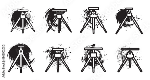 Tripod icons collection featuring various stylized camera stands with artistic brush stroke elements, perfect for photography and videography related designs.
