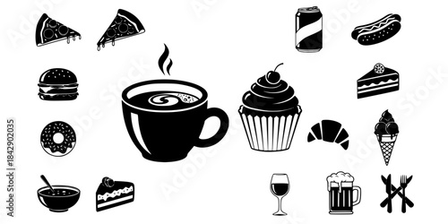 Assorted food and drink icons coffee cupcake
