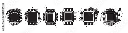 Grunge style microchip icons with distressed textures and artistic splatters represent modern technology, digital processing, and electronic components in a unique vector illustration.