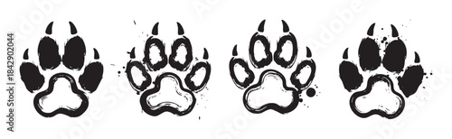 Four black grunge animal paw prints with a distressed brushstroke texture are arranged horizontally, creating a rustic and wild design element.