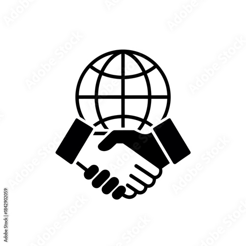 Global business partnership handshake with world globe
