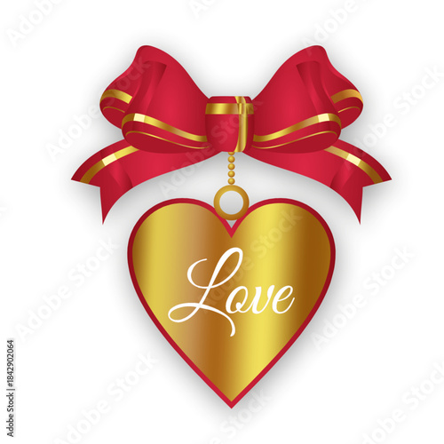 Decorative red ribbon bow with gold trim, hanging a shiny golden heart ornament with 'Love' text.