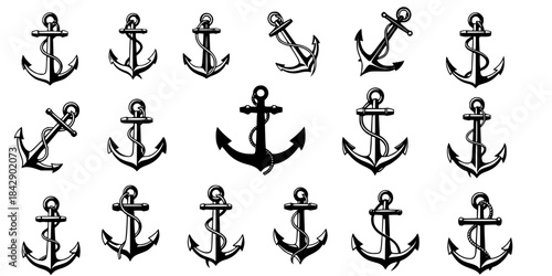Nautical anchors collection black silhouettes set. 