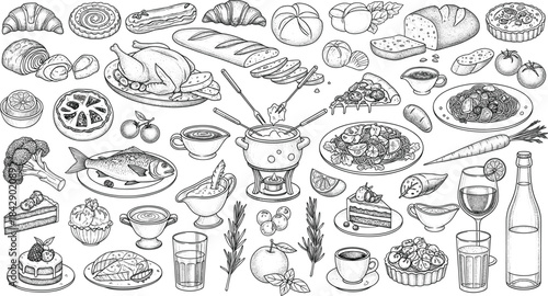 Black and white food illustration with baked goods, main dishes, desserts, drinks, vegetables, and communal dining elements design