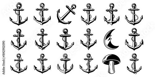 Nautical anchors collection black silhouettes set. 