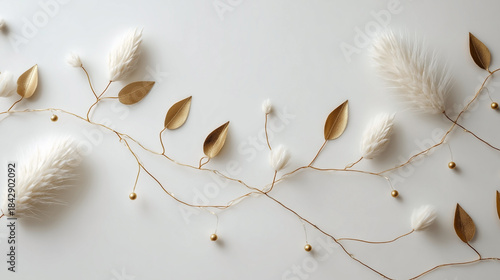 A gold and white wreath with leaves and gold beads