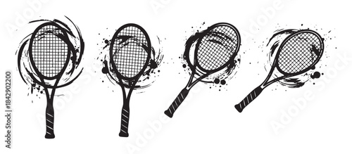 Four artistic tennis rackets with dynamic grunge splash effects creating a sporty and energetic graphic design element for various athletic themes.