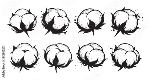 Eight stylized cotton bolls illustrations depicting natural organic textile fiber plants with a rustic hand-drawn sketch aesthetic.