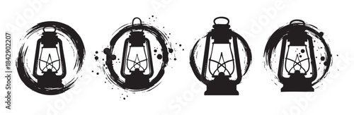 Vintage oil lamp silhouettes with artistic brushstroke frames and grunge splatters create a rustic and antique graphic design element.