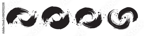 Black brushstroke circles with dynamic grunge texture create a set of artistic abstract design elements, perfect for creative projects.