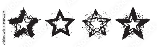 Four unique grunge stars with artistic brushstroke textures and rough edges create a striking collection of graphic design elements.