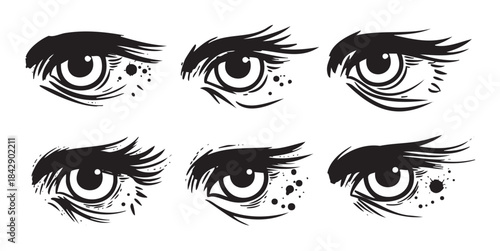 Stylized human eyes are depicted in a graphic black and white illustration, showcasing various intense and emotional expressions with artistic ink splatters.