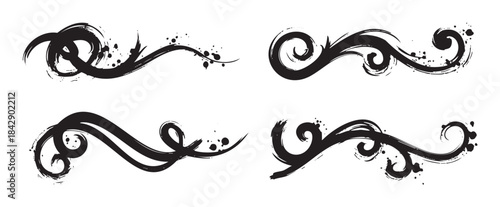 Brush stroke designs with an artistic, textured, and decorative style, featuring elegant swirls and grunge splatters perfect for graphic design elements.