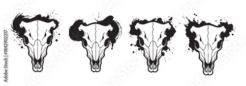 Four stylized animal skulls with grunge ink splash effects, creating a unique and artistic graphic design element suitable for various creative projects and themes.
