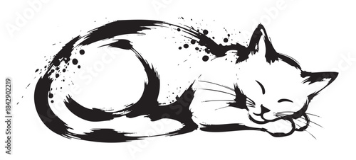 Sleeping cat drawn with expressive brush strokes, creating a beautiful and artistic black and white illustration with a peaceful and calm aesthetic.