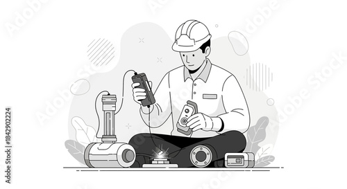 Monochrome illustration showcases an engineer meticulously inspecting industrial components with