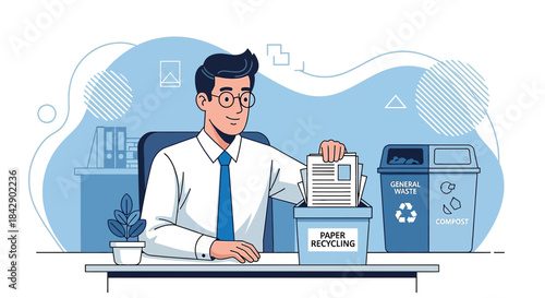 Office employee segregating waste to recycling bin for environmental preservation