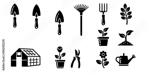 Black silhouette garden tools plants and greenhouse icons
