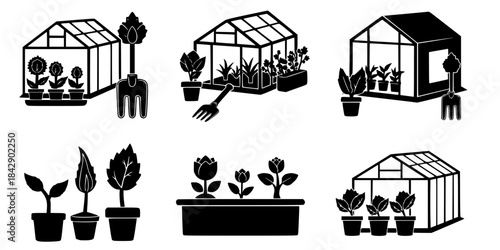 Black silhouette garden tools plants and greenhouse icons
