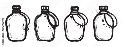 Four vintage style canteens with grunge texture are depicted in a hand-drawn black and white illustration, perfect for outdoor and adventure themes.