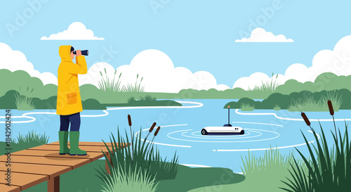 Person exploring lake with remote operated vehicle for environmental monitoring research