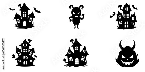 Halloween icons spooky creatures haunted houses black
