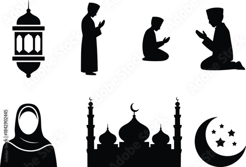 Collection of islamic muslim pray icon silhouettes featuring mosque lantern praying figures crescent and stars