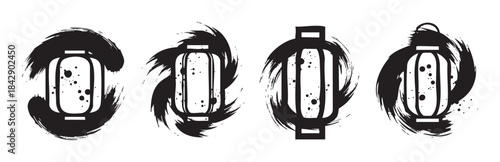 Four stylized Asian lanterns depicted with dynamic brushstroke textures, creating a grunge and artistic black and white cultural illustration set.