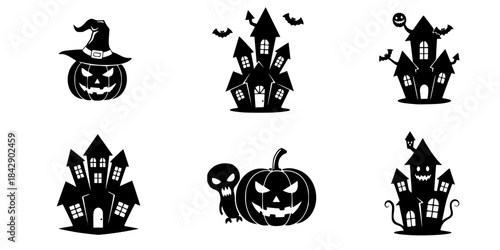 Halloween icons spooky creatures haunted houses black

