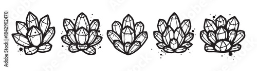 Five distinct crystal clusters illustration set with a grunge aesthetic, featuring faceted shapes and ink splatters for a mystical and artistic design.