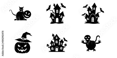 Halloween icons spooky creatures haunted houses black
