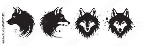 Four stylized wolf heads are depicted in graphic illustrations with a grunge brushstroke effect, showcasing the wild animal's fierce and majestic spirit in a minimalist black and white design.