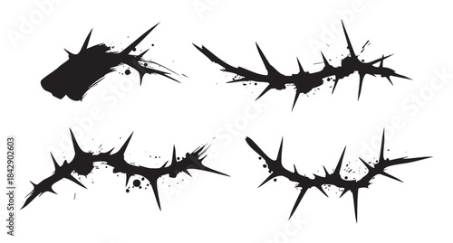Four stylized thorny branches with grunge ink splatters create a powerful visual representation of pain, struggle, and resilience.
