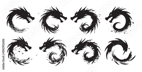 Stylized black dragon head illustrations with dynamic brushstroke textures form a powerful collection of mythical creature designs, perfect for various creative projects.